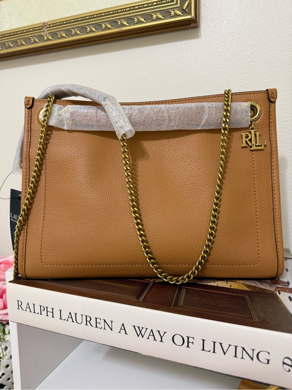 Ralph Lauren Bradley Lauren Tan Pebbled Leather Shoulder Bag with Gold Chain